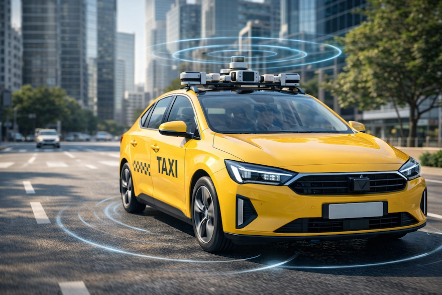 forarlos-taxibil-stadsmiljo-sensorer-lidar-pa-taket-16×9 Förarlös taxibil i stadsmiljö med sensorer och lidar på taket, som kör på en modern stadsgata med höghus i bakgrunden.